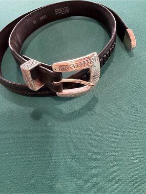 Brighton Black Leather Men's Belt with Silver Decorative Buckle